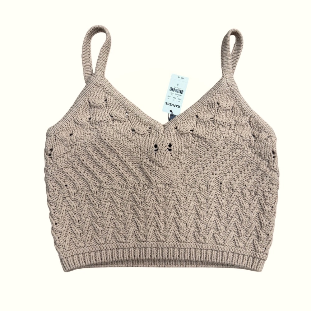 Express Cable Knit Cami Top Women Size S Tan Cropped Chunky Festival Boho